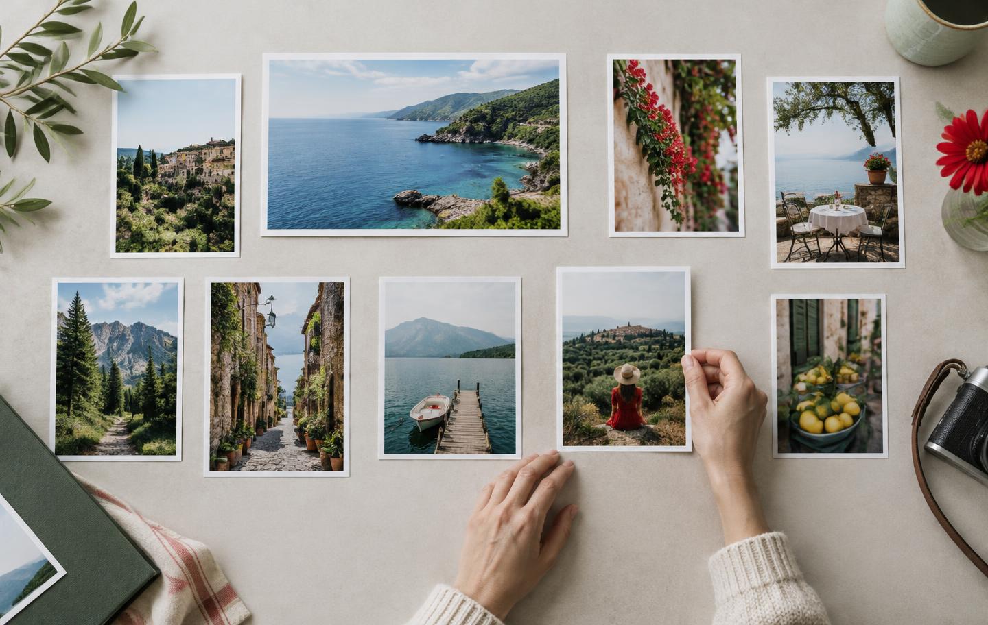 Fotografie di mare, borghi e montagne disposte su un tavolo mentre due mani ne regolano la composizione