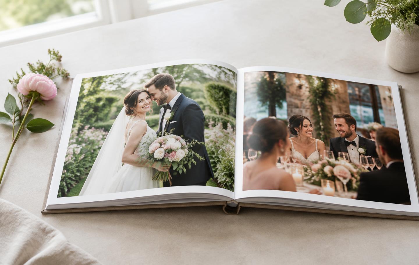 Album di matrimonio aperto con un ritratto degli sposi in giardino e una fotografia del ricevimento